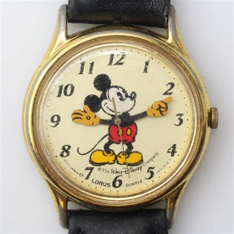 Vintage Lorus Disney Mickey Mouse Gold Tone And Black Leather Watch ...