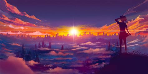 Anime character standing on hill during sunrise digital wallpaper, sunset, landscape, purple HD ...