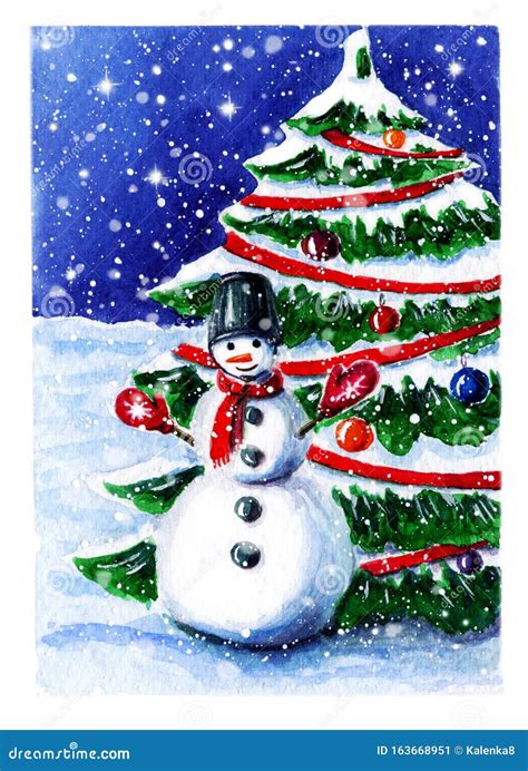 Watercolor Winter Scene with Snowman and Snofall. Cute Seasonal ...