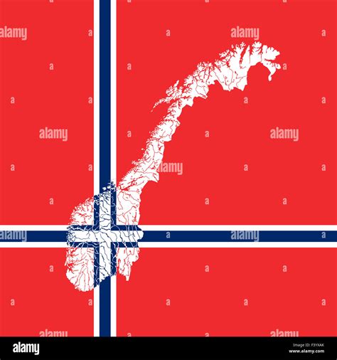 Map of Norway in colors of the Norwegian flag. Colors of flag are proper. Rivers and lakes are ...