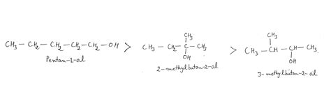 Arrange the following in order of their decreasing boiling point:pentan-1-ol, 2-methyl butan-2 ...