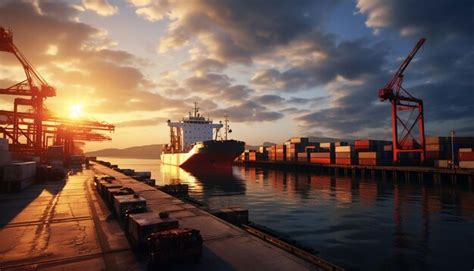 Premium AI Image | sunset in the port with cargo ship