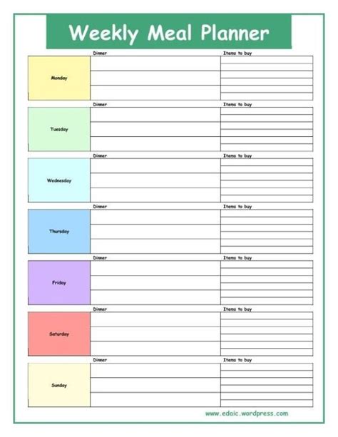 Weekly Meal Planner | Stampabile, Immagini, Alimenti