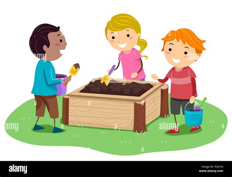 Illustration of Stickman Kids Playing with Mud in the Mud Box in the Garden Stock Photo - Alamy