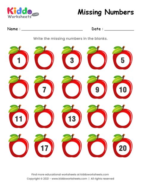 Free Printable Apple Missing Numbers 1-20 Worksheet - kiddoworksheets | Numbers preschool ...