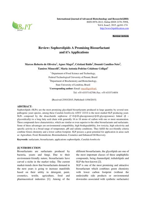 (PDF) Review: Sophorolipids A Promising Biosurfactant and it's Applications