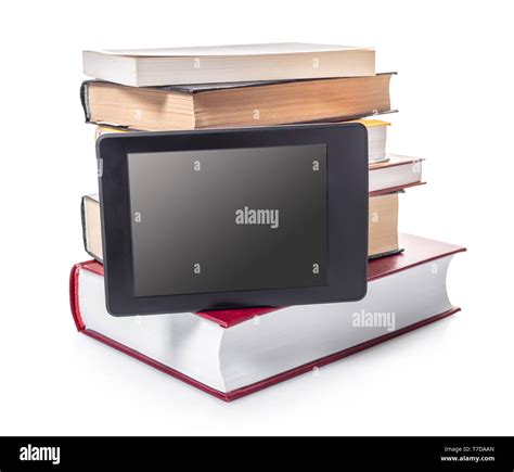 electronic and paper books on white isolated background Stock Photo - Alamy