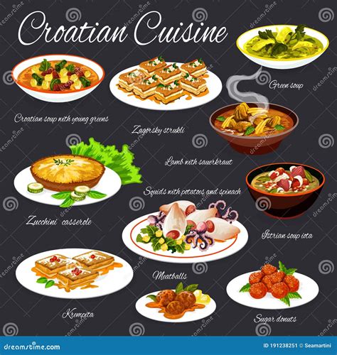 Croatian Cuisine Seafood, Vegetable, Meat Dishes Stock Vector ...