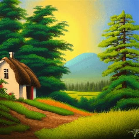 Traditional Countryside Painting with Bigfoot in the Distance · Creative Fabrica