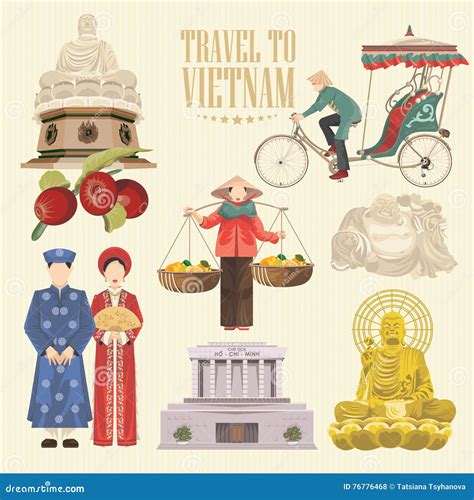 Travel To Vietnam. Set Of Traditional Vietnamese Cultural Symbols. Vector Illustration ...