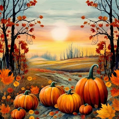 Premium AI Image | A painting of pumpkins on a field with a sunset in the background.