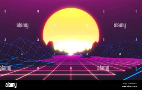 80s Retro Futurism Background with a sun. 3d illustration Stock Photo - Alamy