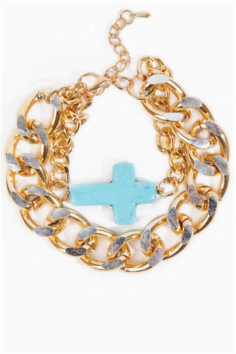 Curb Chain Gold And Turquoise Cross Bracelet - $2 | Tobi US