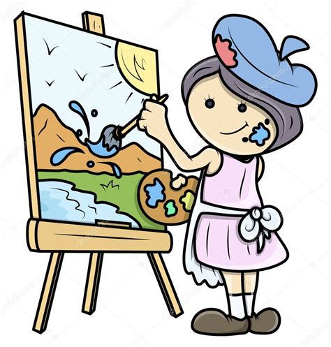 Dibujos animados chica pintando un paisaje en lona - ilustraciones vectoriales — Vector de stock ...