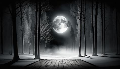 Dark abstract winter forest background. Wooden floor, snow, fog. Dark night background in the ...