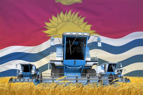 4 Light Blue Combine Harvesters on Farm Field with Flag Background ...