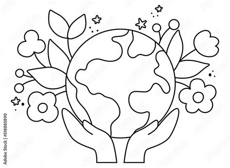 Grafika wektorowa Stock: Vector black and white hands holding earth with flowers. Earth day line ...