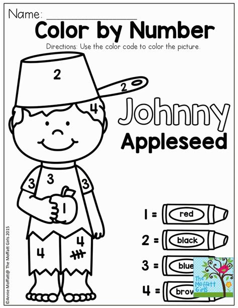 Johnny Appleseed Color by Number Coloring Pages | Apple kindergarten, Apple lessons, Apple preschool