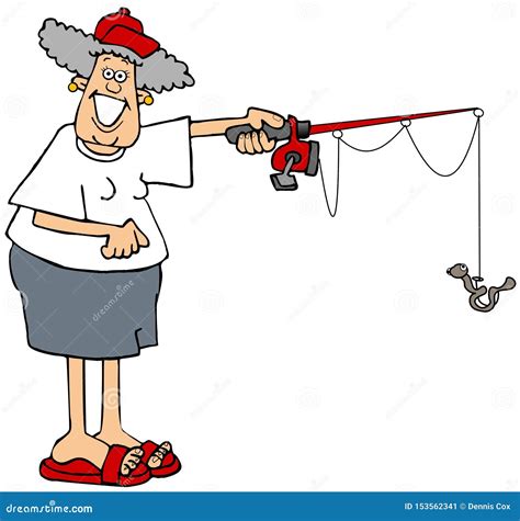 Woman Holding a Fishing Pole with a Worm on the Hook Stock Illustration ...