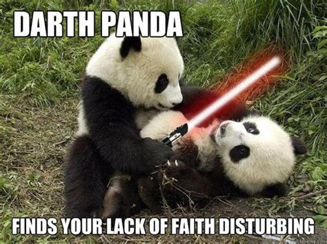 two panda bears playing with each other in the grass and one has a light saber