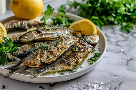 Premium AI Image | Sardines lemon greenery and salt on white plate on marble kitchen table ...