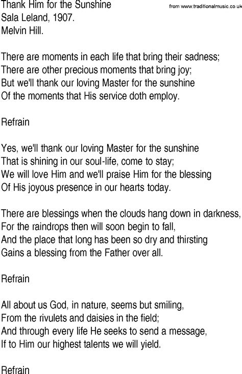 Hymn and Gospel Song Lyrics for Thank Him for the Sunshine by Sala Leland