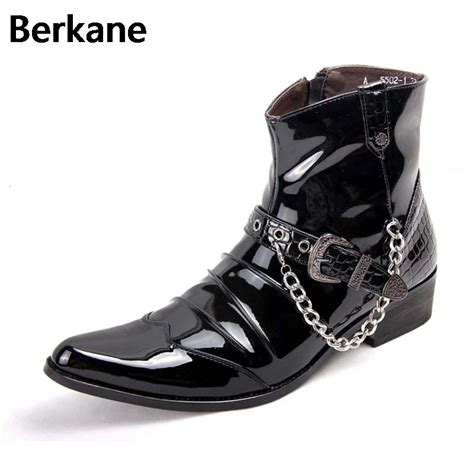 Black Patent PU Leather Chain Men Boots Mens Glossy Shoes Male Casual Buckle Ankle Motorcycle ...