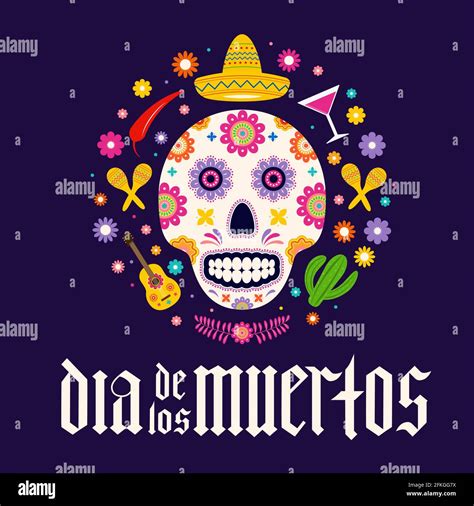 Dia de los Muertos fraktur font gothic lettering with sugar skull and flowers. Mexican holiday ...