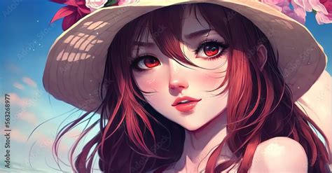 a wonderful and beautiful anime girl with a hat and red eyes is ...