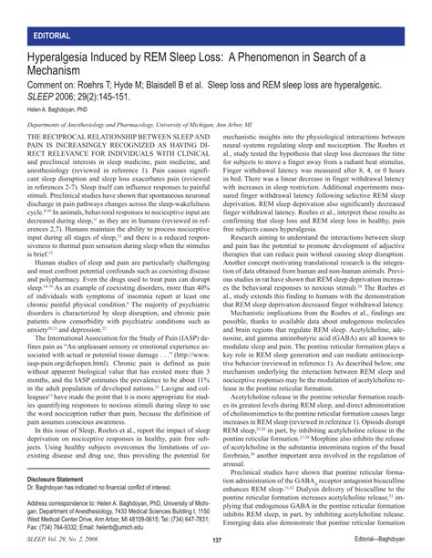 (PDF) Hyperalgesia Induced by REM Sleep Loss: A Phenomenon in Search of a Mechanism