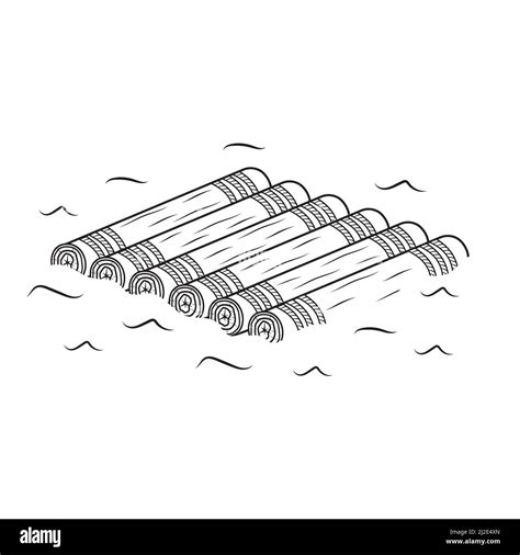 Wooden raft, isolated vector illustration black outline sketch doodle ...