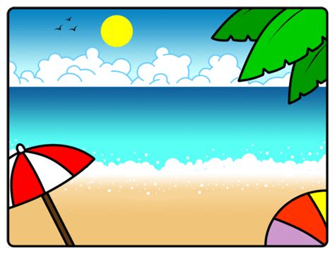 Colorful drawing of a cartoon beach, with the sea, birds, sun, a palm tree, umbrella and ball ...