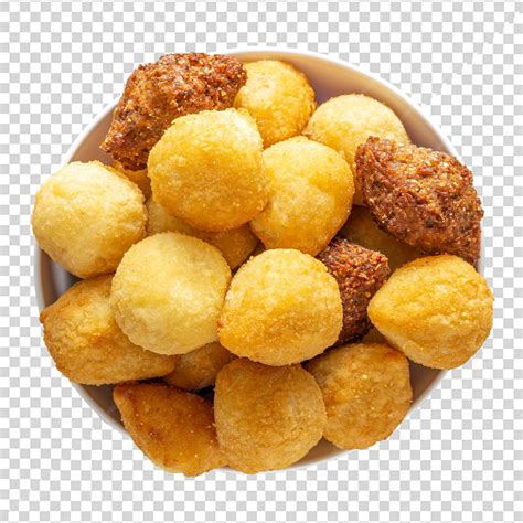 Premium PSD | Basket with Assorted Party Snacks Kibbeh Coxinha Cheese Balls and Risolis ...