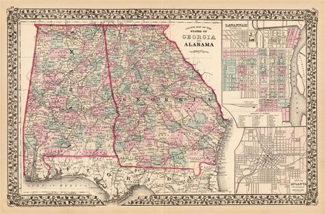 County Map of the States of Georgia and Alabama - Art Source International