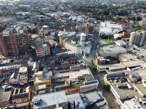 Luton City Centre and Local Buildings, High Angle Drone's View of Luton ...