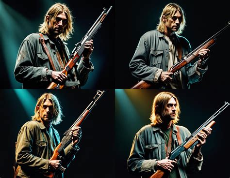 Kurt Cobain holding a shotgun. dynamic lighting 64 megapixels 8K resolution colorful complex ...