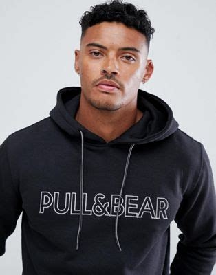 Pull&Bear hoodie in black with logo | Bear hoodie, Hoodies, Mens ...