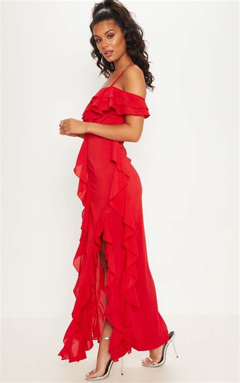 Red Cold Shoulder Ruffle Detail Maxi Dress | Red dress maxi, Salsa dress, Red salsa dress