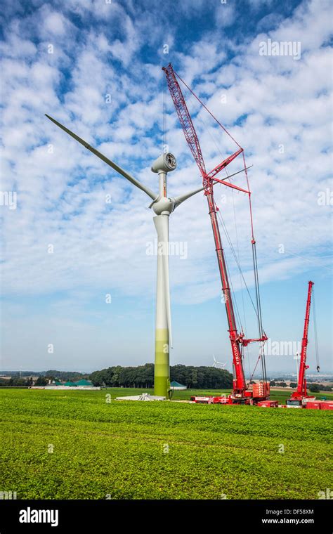 Construction, installation of a wind turbine. Wind turbines, wind farm ...