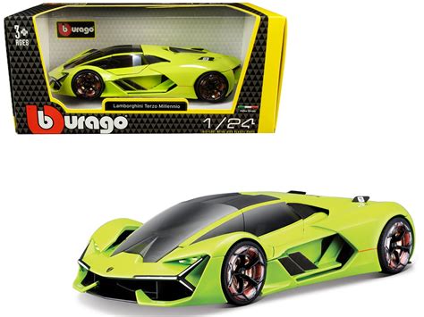 Bburago Lamborghini Terzo Millennio Diecast Toy Car, 1/24 Scale, Lime Green with Black Top and ...