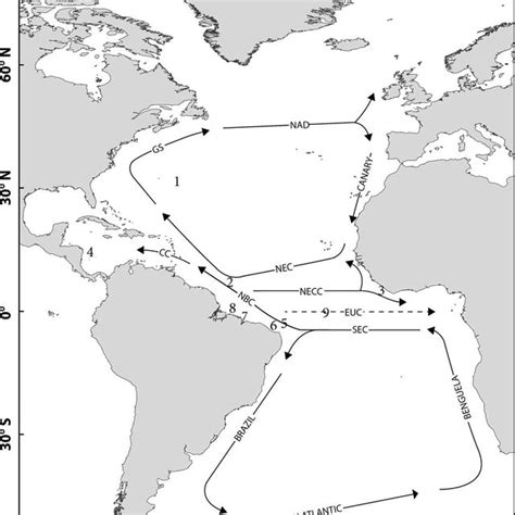 Atlantic Ocean map and main oceanic currents. The numbers represent the... | Download Scientific ...