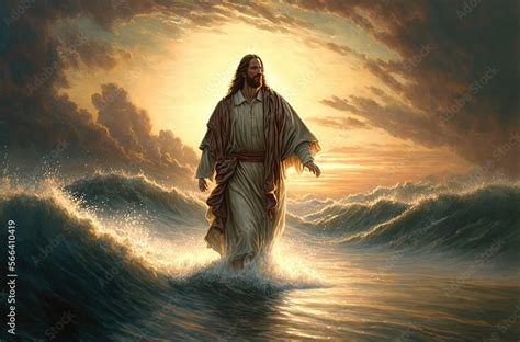 An illustration of Jesus walking on the sea. AI generated art ...