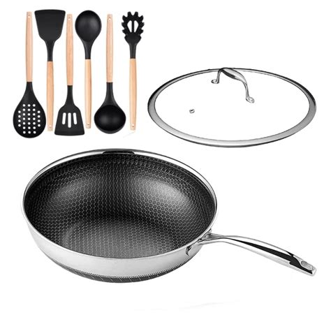 304 Large Non-stick Wok Pan With Lid Kitchen Stainless Steel Deep Pan ...