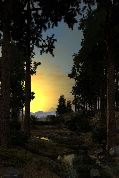 Sunset in a pine forest | CGTrader