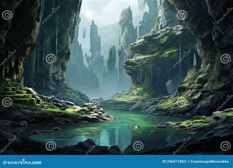 Magnificent Karst Landscape with Caves Stock Illustration - Illustration of calming, water ...