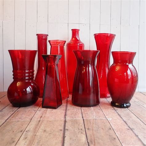 Vintage Red Glass Vase Set of 8 All Different Pattern Wedding Vases Mismatched Mix and Match ...