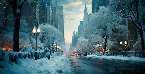 Night snowy Christmas American city New York, Manhattan area, New Year ...