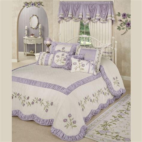 Lavender Rose Embroidered Floral Oversized Bedspread Bedding