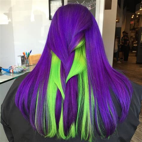 Violet and neon green hair | ผมสีสวย, สีผม, ทรงผม