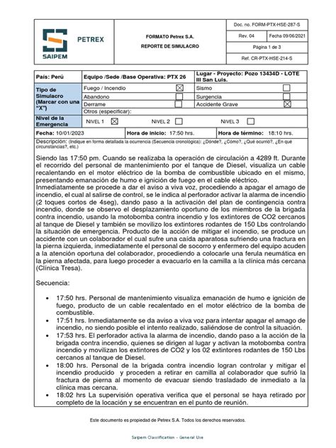 Reporte de Simulacro de Incendio PDF | PDF | Peligros | Incendios